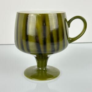 Vintage Pedestal Coffee Tea Mug Cup Japan Made Green Stripe Porcelain Glossy MCM